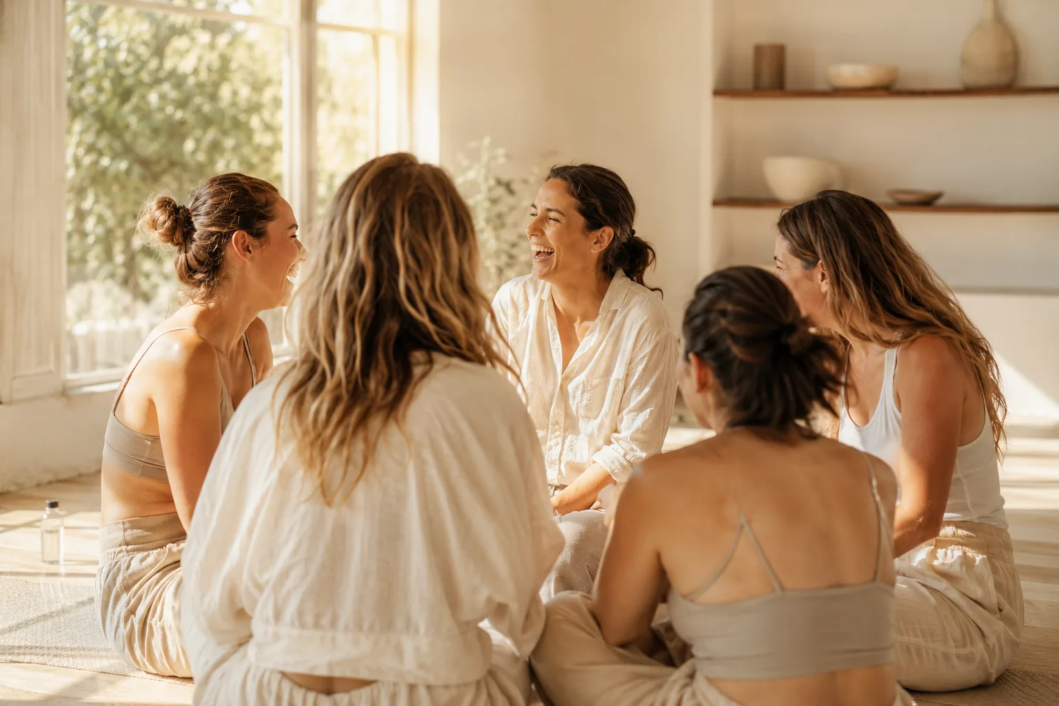 Gruppe von Frauen im Kreis sitzend, lachend in einem hellen Retreat-Raum